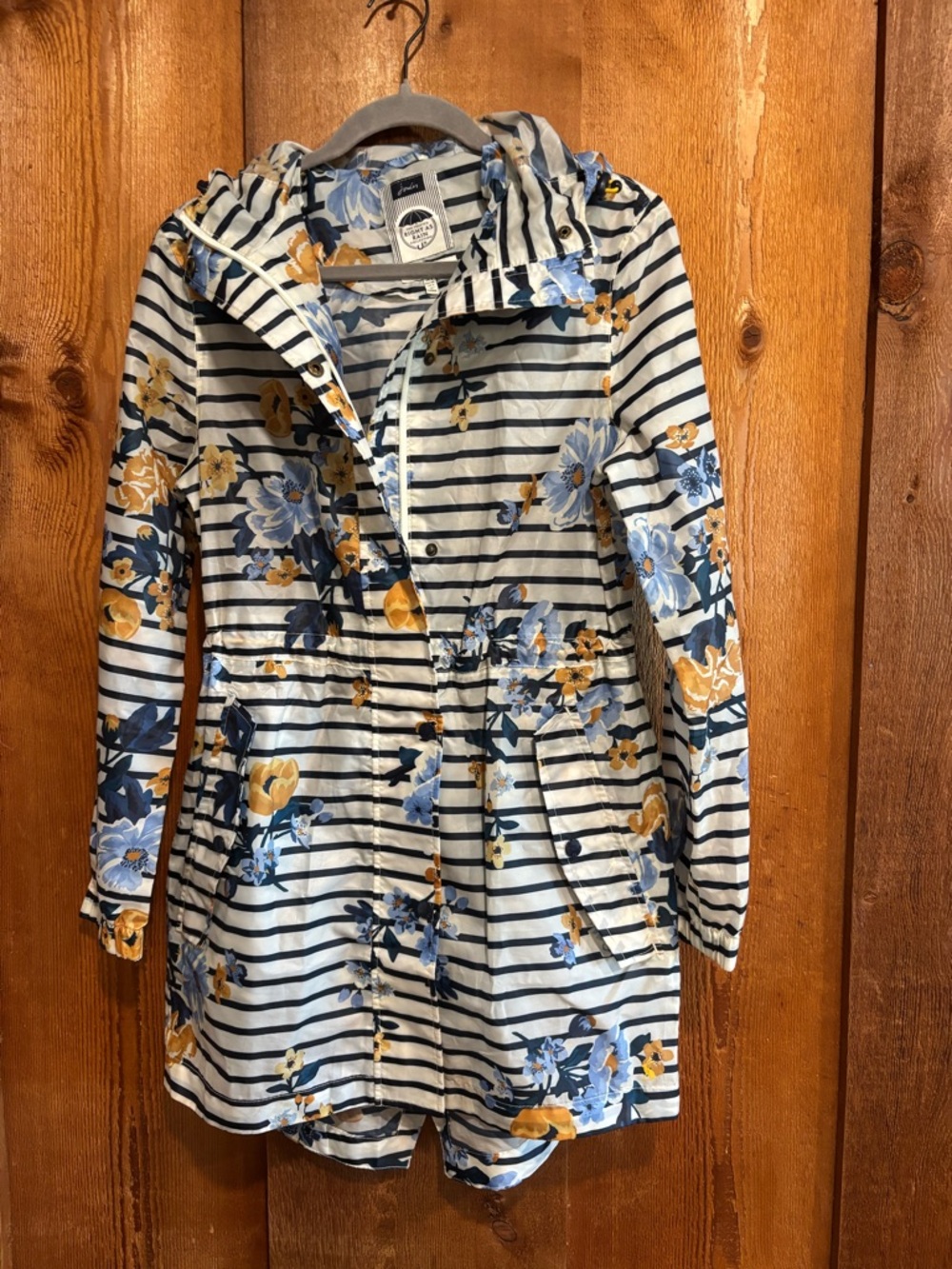 Joules Right As Rain Floral Stripe Waterproof Raincoat Parka Jacket US 2 Small